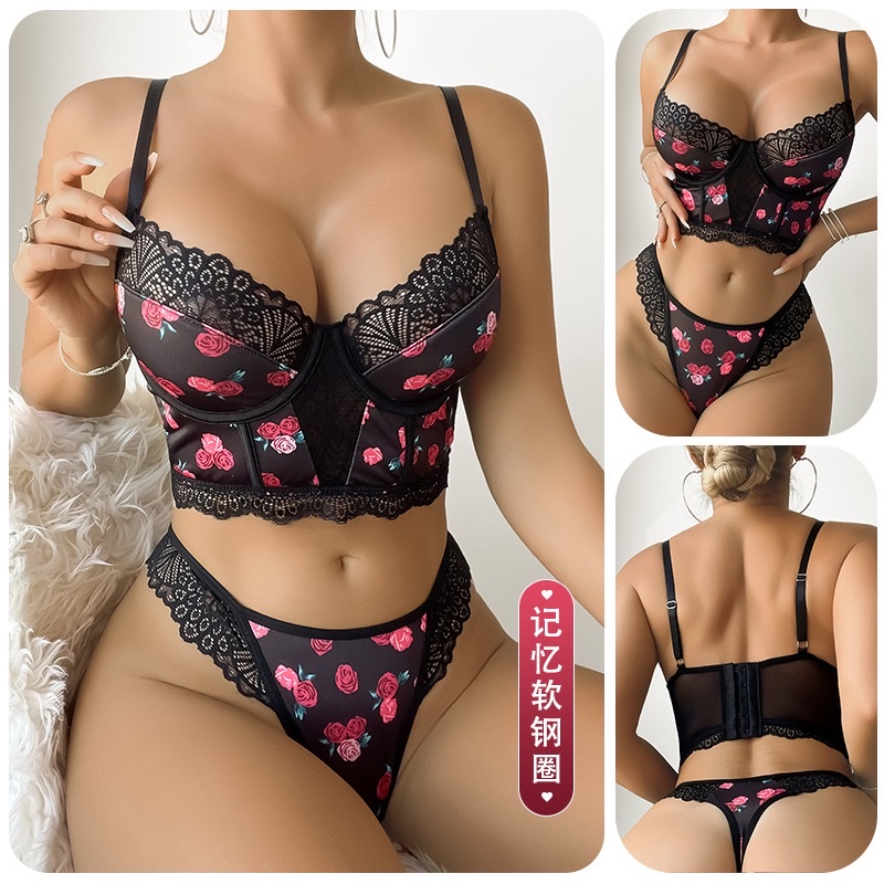 Memory soft steel rims, rose print lace lingerie set, gathering waist bra, thong, sexy 8079 full figure