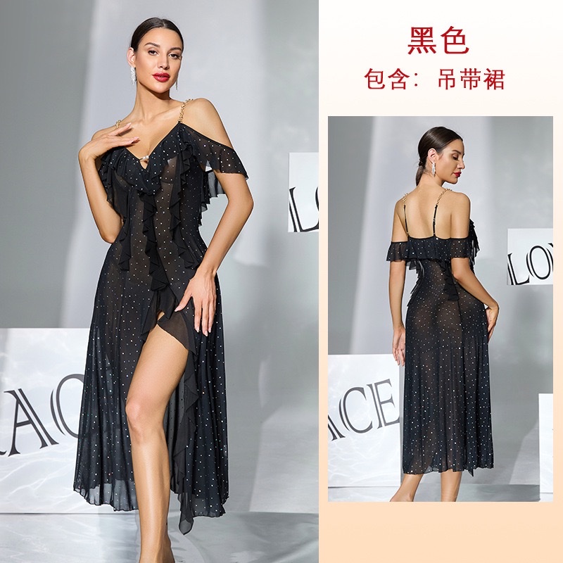 Ladies' sexy chain shoulder strap off-the-shoulder sleeping dress, sheer, sequined, ruffled, slit, long style 1166 undefined