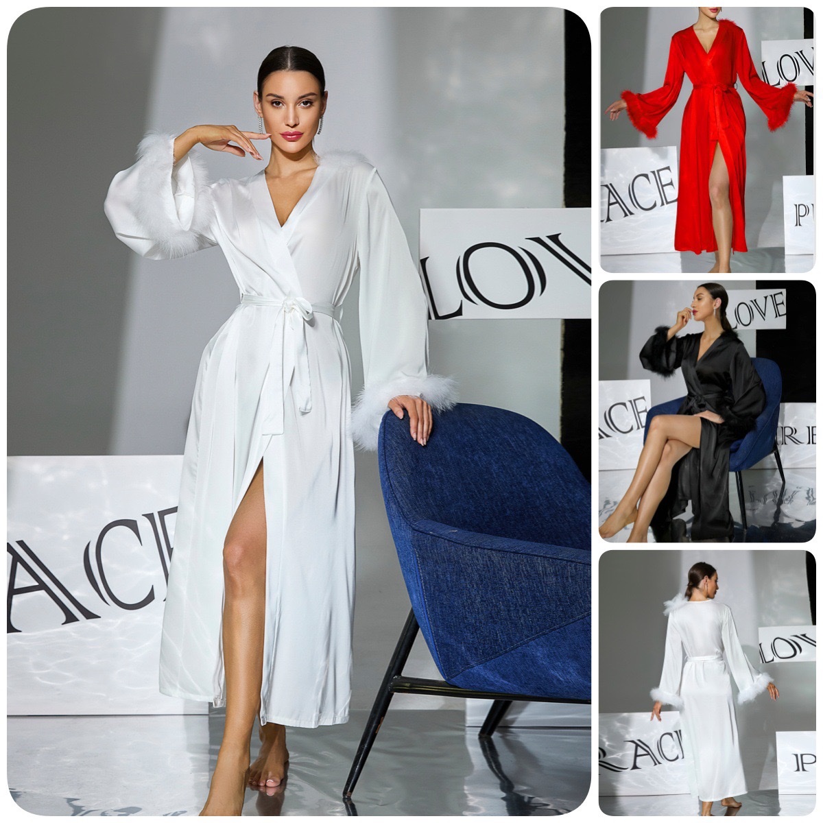 A cross-border European and American style light luxury women's satin bathrobe with fluffy cuffs and a long morning gown that can be worn as casual wear. 1141 full figure