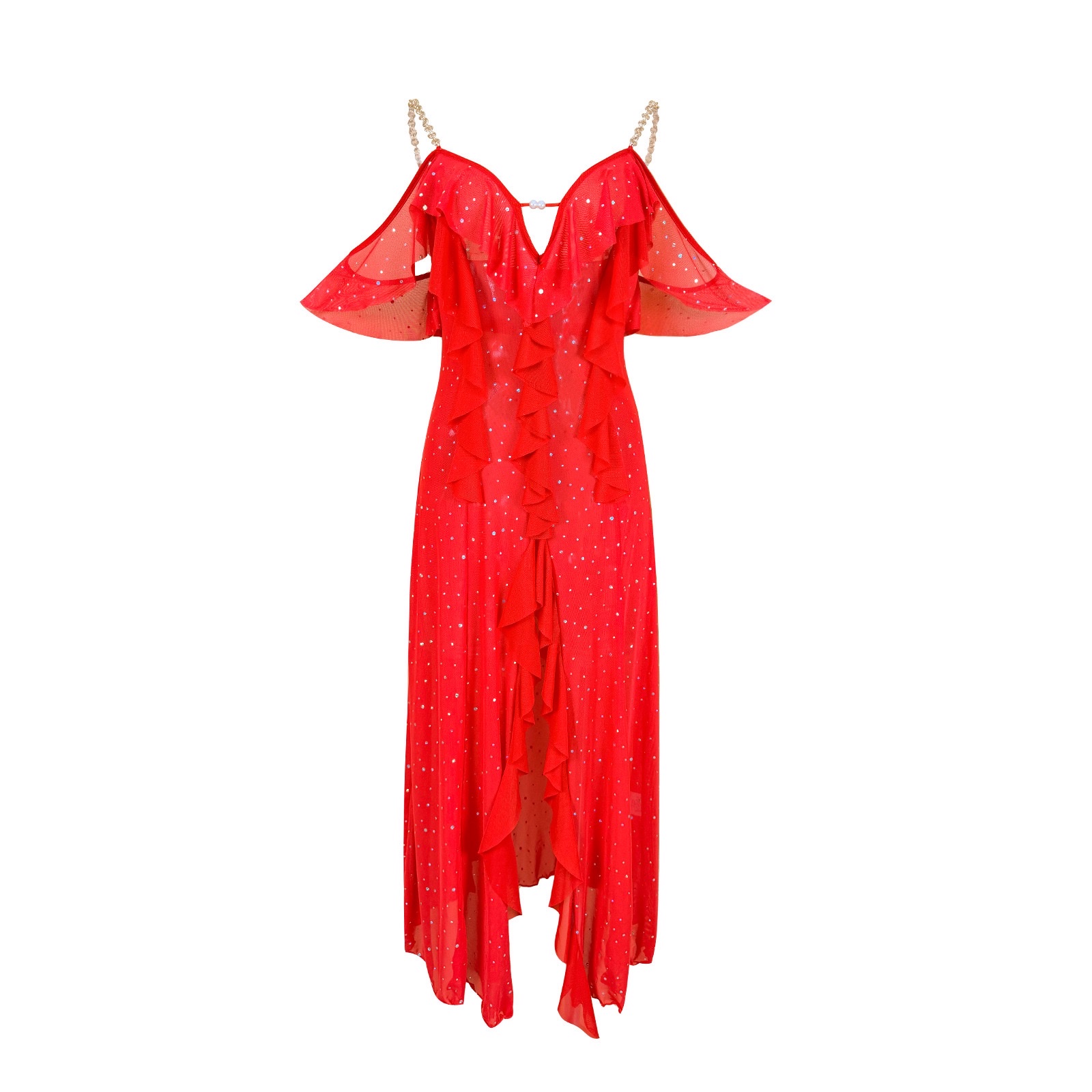 Ladies' sexy chain shoulder strap off-the-shoulder sleeping dress, sheer, sequined, ruffled, slit, long style 1166 Item Picture