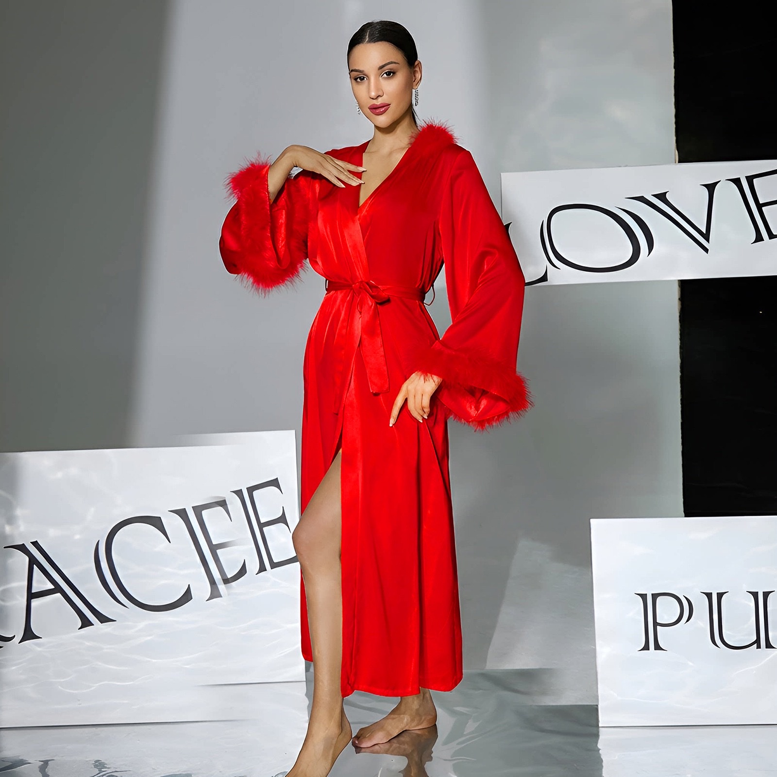 A cross-border European and American style light luxury women's satin bathrobe with fluffy cuffs and a long morning gown that can be worn as casual wear. 1141 details Picture