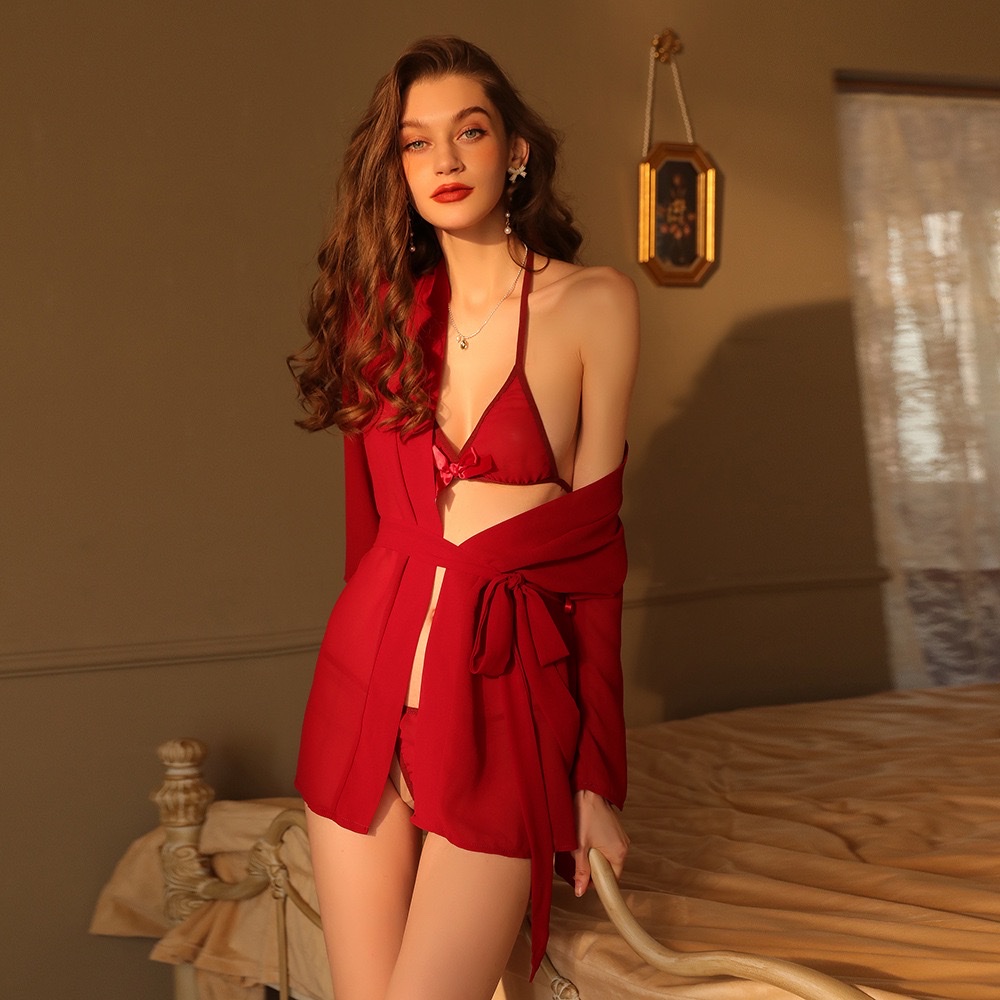 French romantic chiffon set, see-through chiffon bathrobe, bow three-point style women's sexy home pajamas 9005 Specification drawing