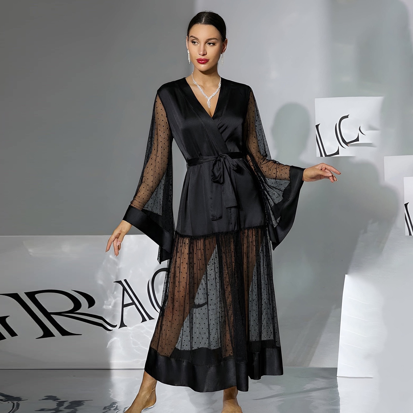 Multi-color available ladies' satin bathrobe, polka dot mesh patchwork, flared sleeves, long skin-friendly and breathable home wear 1143 details Picture