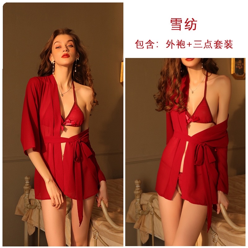 French romantic chiffon set, see-through chiffon bathrobe, bow three-point style women's sexy home pajamas 9005 undefined