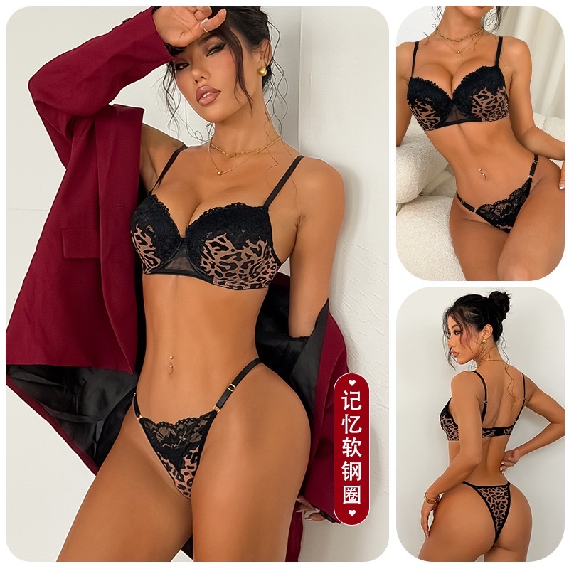 European and American Amazon cross-border sexy and hot leopard print lace lingerie set Memory soft steel ring gathering Bra 8031 details Picture