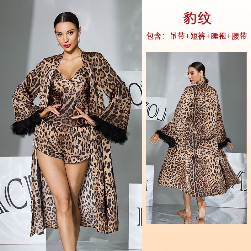 High-end imitation acetate leopard print three-piece set, feather cuffs, bathrobe, halter shorts, sexy home woman 1167 Item Picture