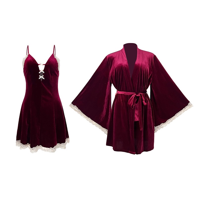 French light luxury velvet lace-trimmed halter nightgown set, lace-up bathrobe, sexy pajamas, home wear 777 Item Picture