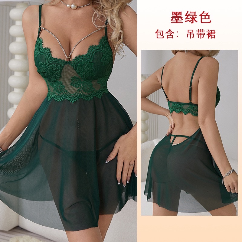 European and American cross-border women's lace see-through halter nightgown with diamond chain decoration, deep V sexy pajamas available in multiple colors, 653 undefined
