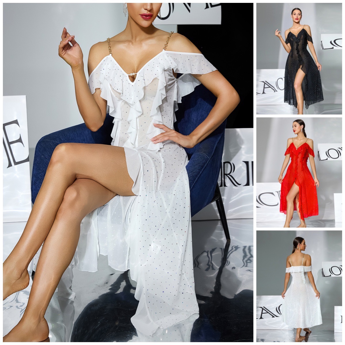 Ladies' sexy chain shoulder strap off-the-shoulder sleeping dress, sheer, sequined, ruffled, slit, long style 1166 undefined