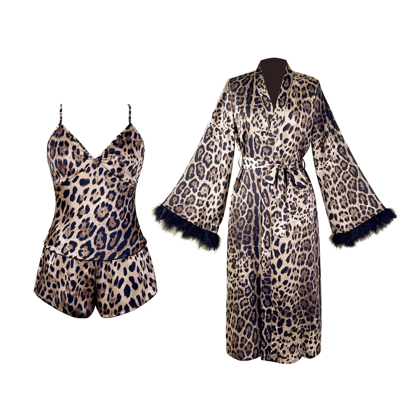 High-end imitation acetate leopard print three-piece set, feather cuffs, bathrobe, halter shorts, sexy home woman 1167 Item Picture
