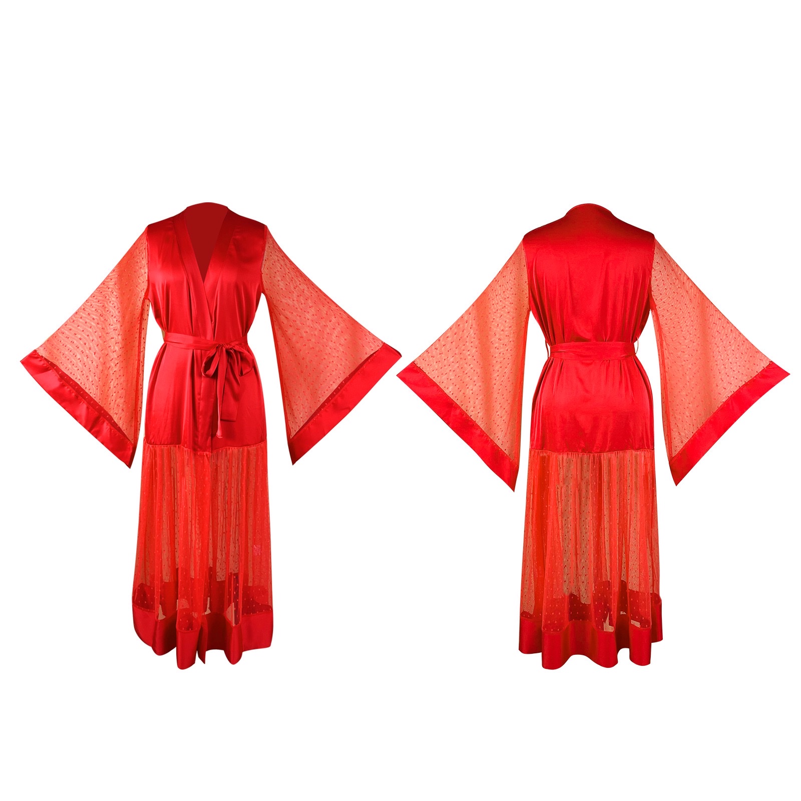 Multi-color available ladies' satin bathrobe, polka dot mesh patchwork, flared sleeves, long skin-friendly and breathable home wear 1143 Item Picture