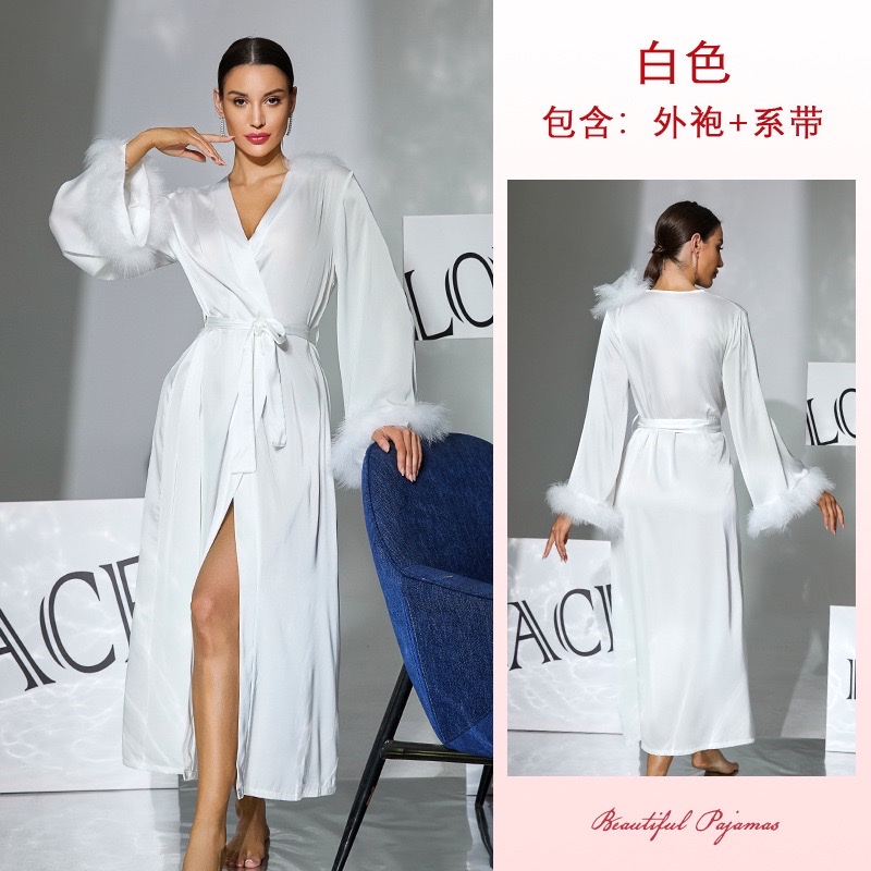 A cross-border European and American style light luxury women's satin bathrobe with fluffy cuffs and a long morning gown that can be worn as casual wear. 1141 undefined