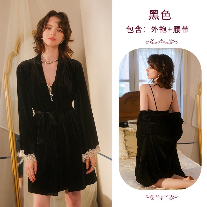 French light luxury velvet lace-trimmed halter nightgown set, lace-up bathrobe, sexy pajamas, home wear 777 undefined