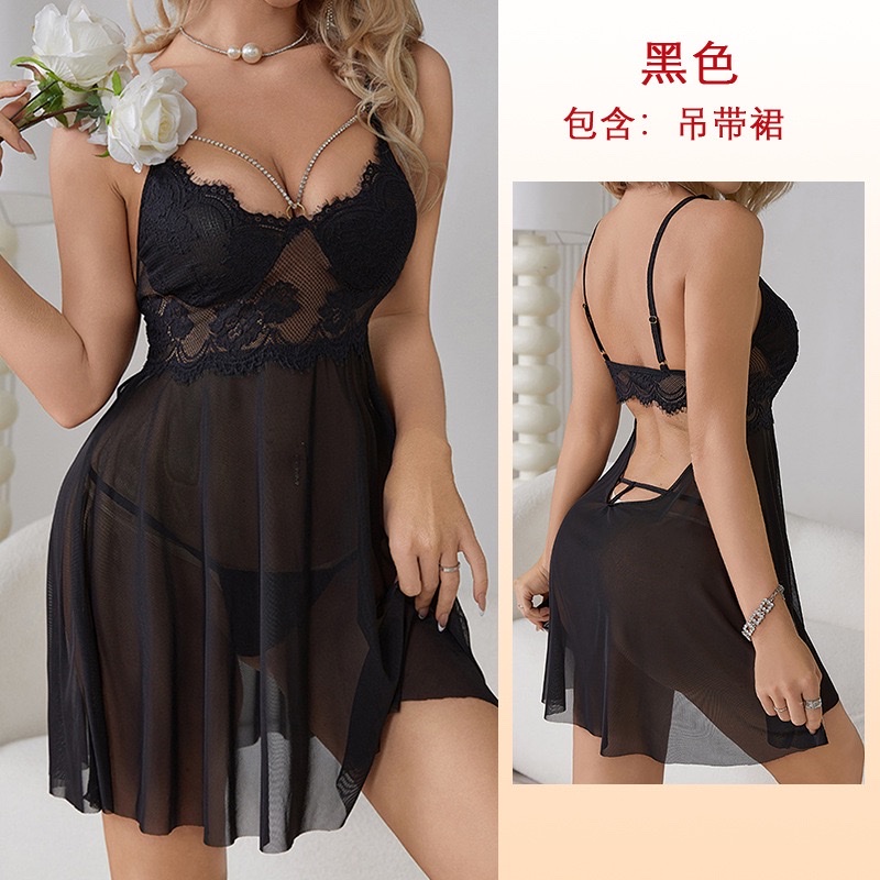 European and American cross-border women's lace see-through halter nightgown with diamond chain decoration, deep V sexy pajamas available in multiple colors, 653 undefined
