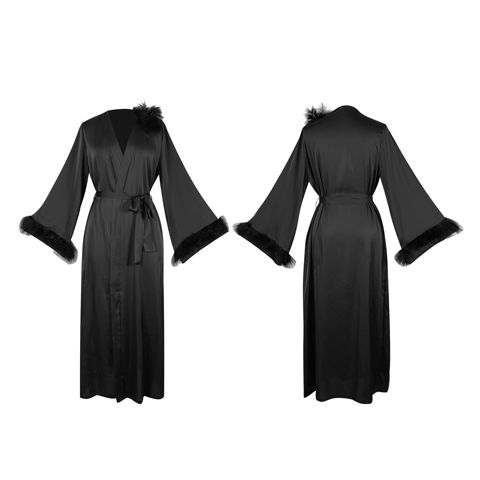 A cross-border European and American style light luxury women's satin bathrobe with fluffy cuffs and a long morning gown that can be worn as casual wear. 1141 Item Picture