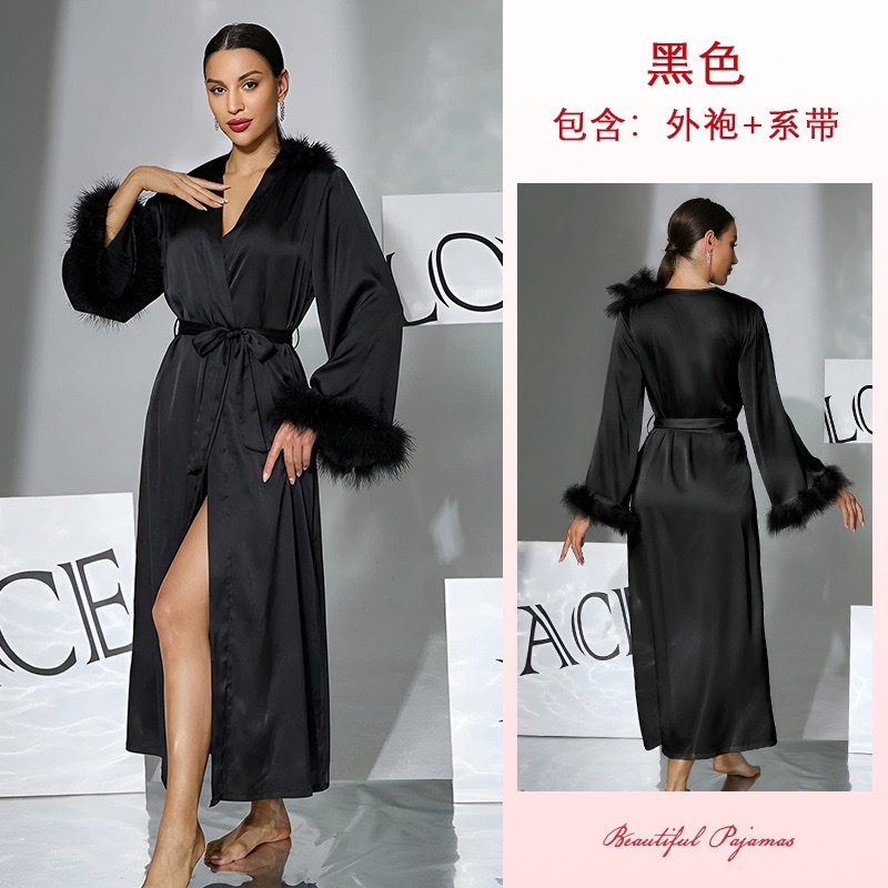 A cross-border European and American style light luxury women's satin bathrobe with fluffy cuffs and a long morning gown that can be worn as casual wear. 1141 undefined