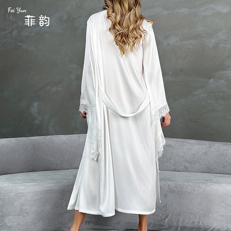European and American cross-border luxury satin lace flared sleeve bathrobe for women, long V-neck tie slit home bathrobe 706 details Picture