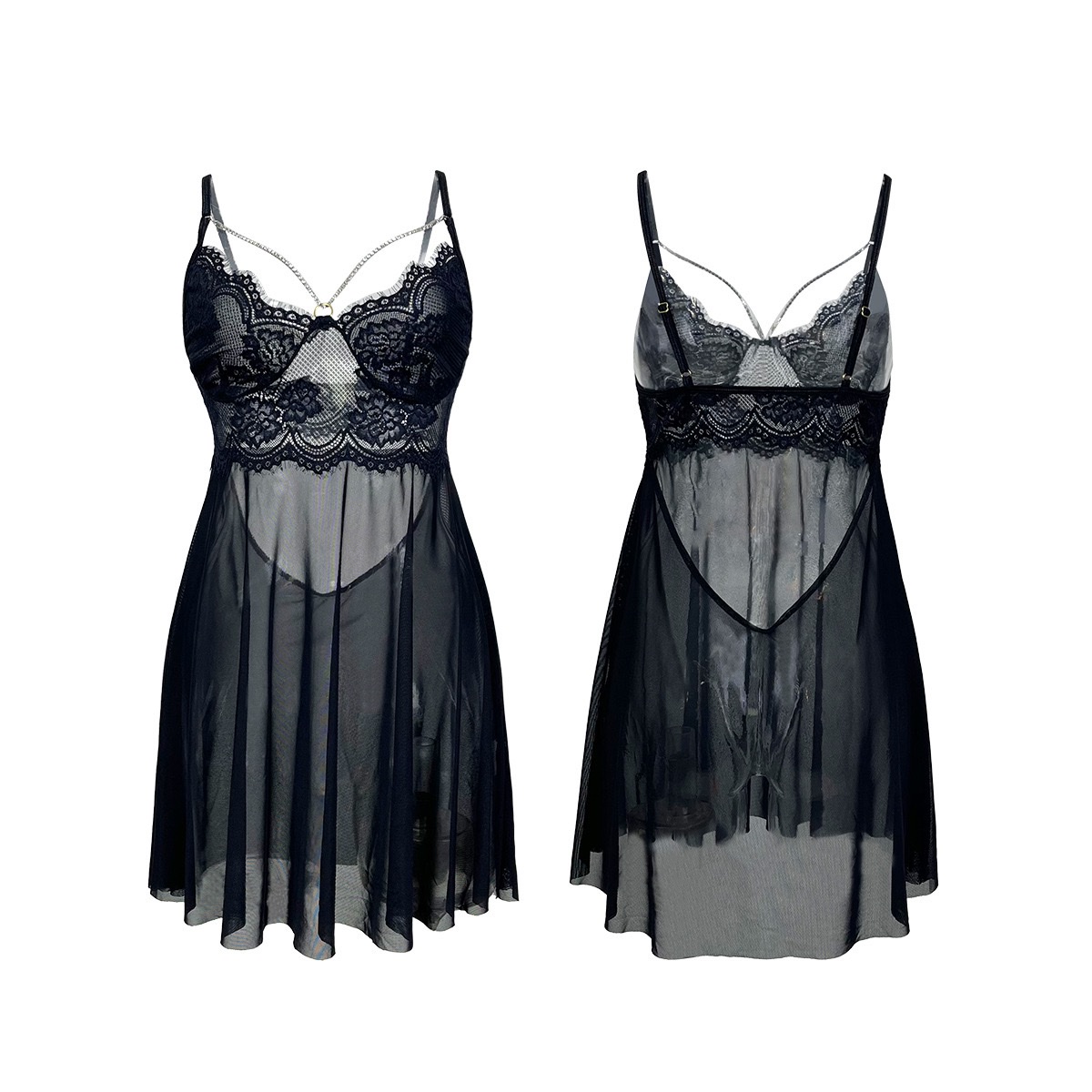 European and American cross-border women's lace see-through halter nightgown with diamond chain decoration, deep V sexy pajamas available in multiple colors, 653 Item Picture