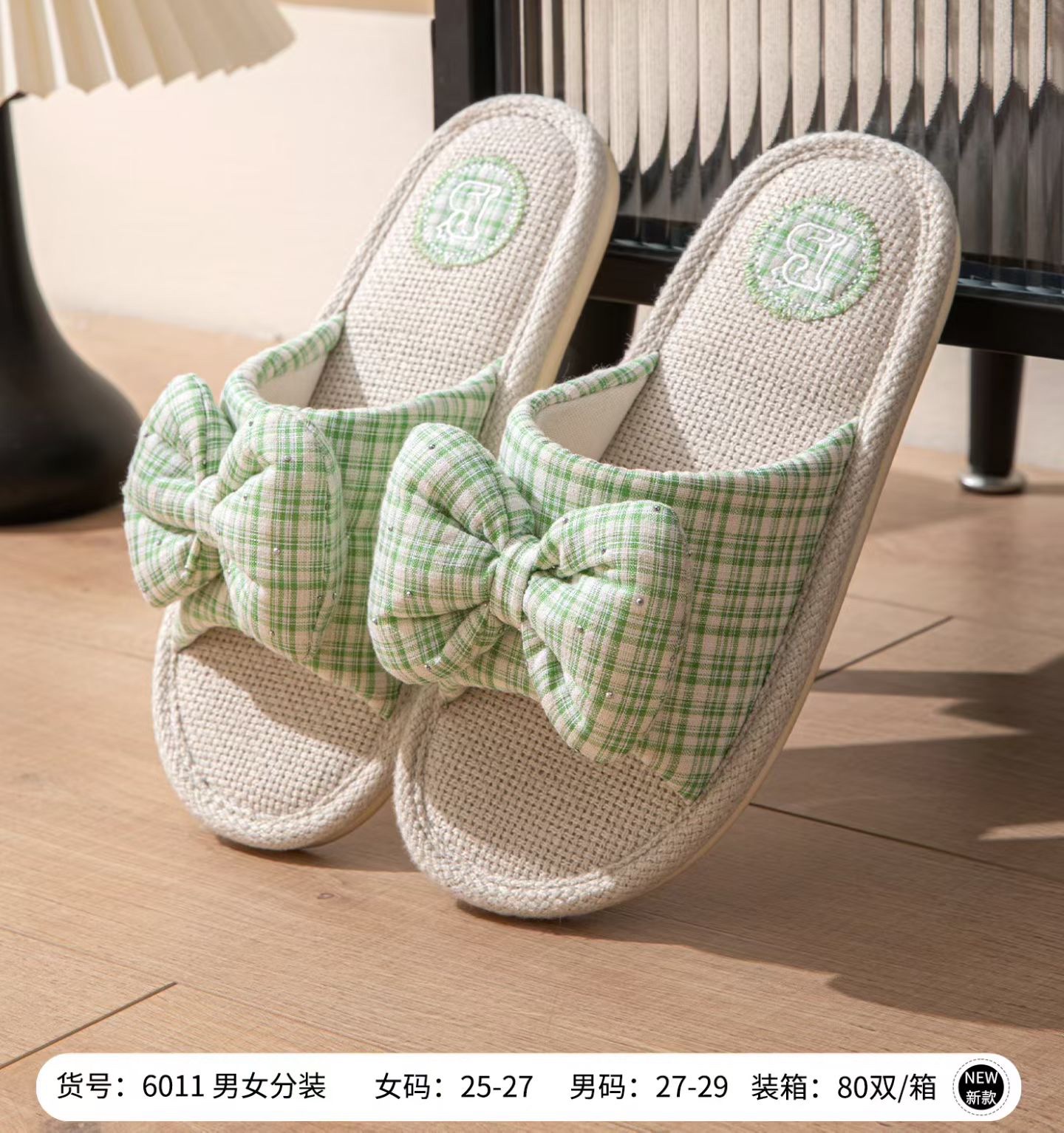 New Korean-style princess knot linen slippers are natural and healthy, sweat-absorbing and breathable, with a silent design. Couple style cotton and linen home shoes, women's summer home checkered fabric slippers, all-season open slippers are in stock detail image 4