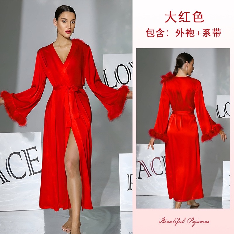 A cross-border European and American style light luxury women's satin bathrobe with fluffy cuffs and a long morning gown that can be worn as casual wear. 1141 undefined