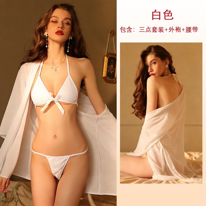 French romantic chiffon set, see-through chiffon bathrobe, bow three-point style women's sexy home pajamas 9005 undefined