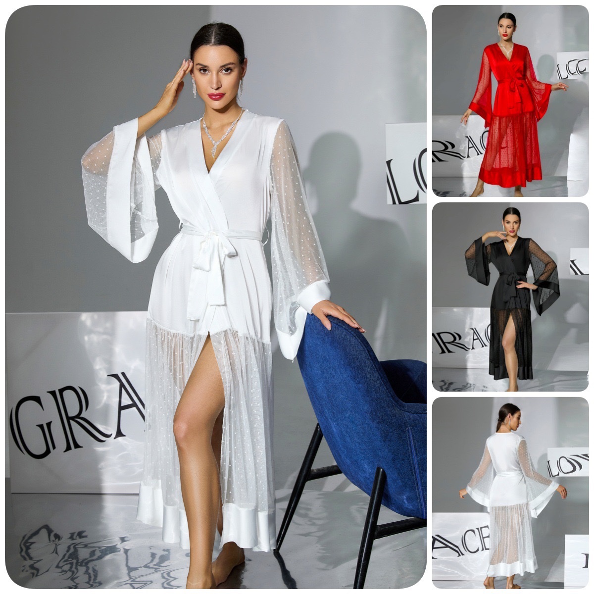 Multi-color available ladies' satin bathrobe, polka dot mesh patchwork, flared sleeves, long skin-friendly and breathable home wear 1143 full figure
