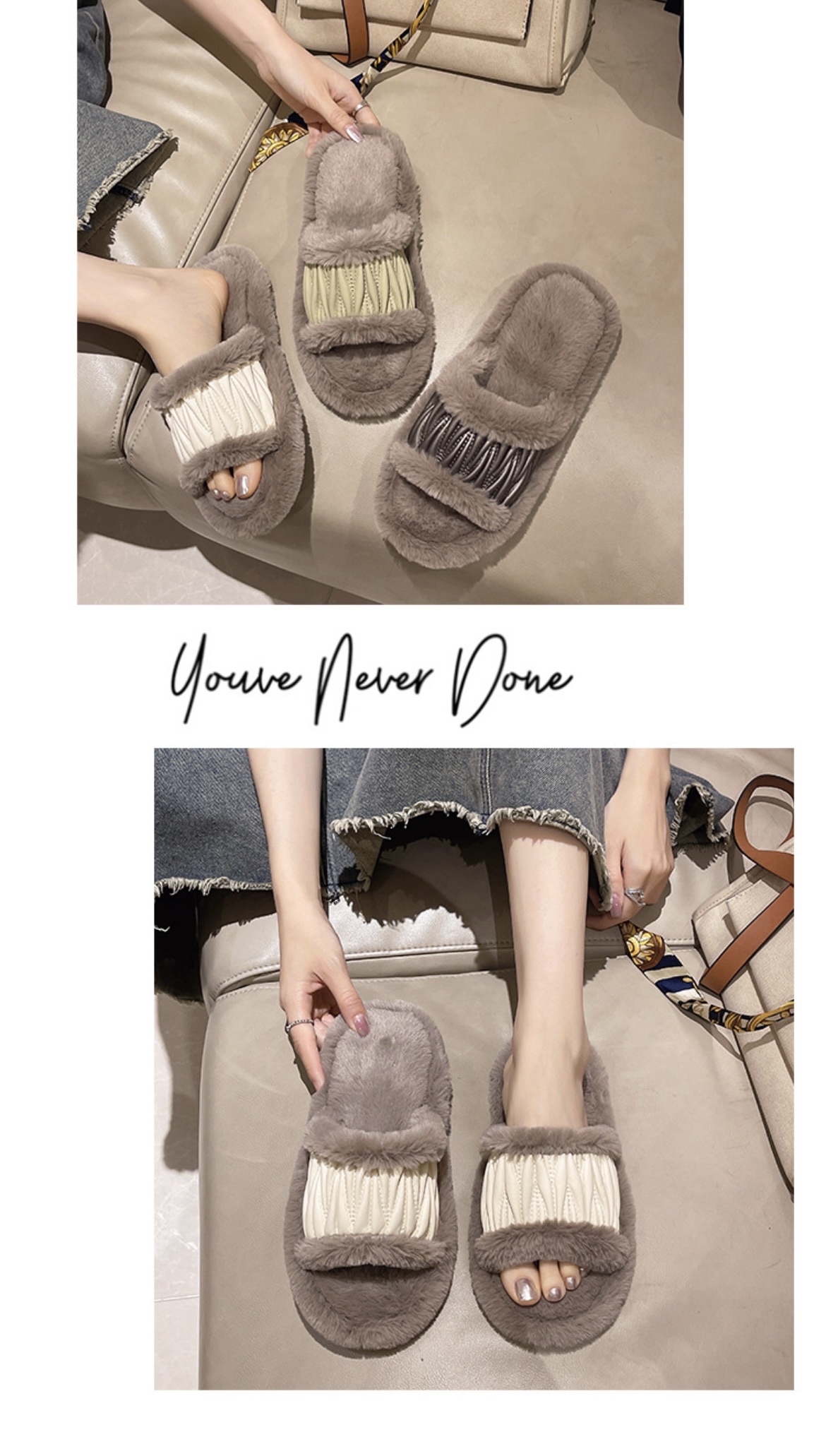 新款PU皮开口毛毛拖鞋女居家毛绒鞋 网红百搭潮流拖鞋 柔软舒适外穿拖鞋 拖鞋女四季居家鞋子 防滑鞋底详情图5