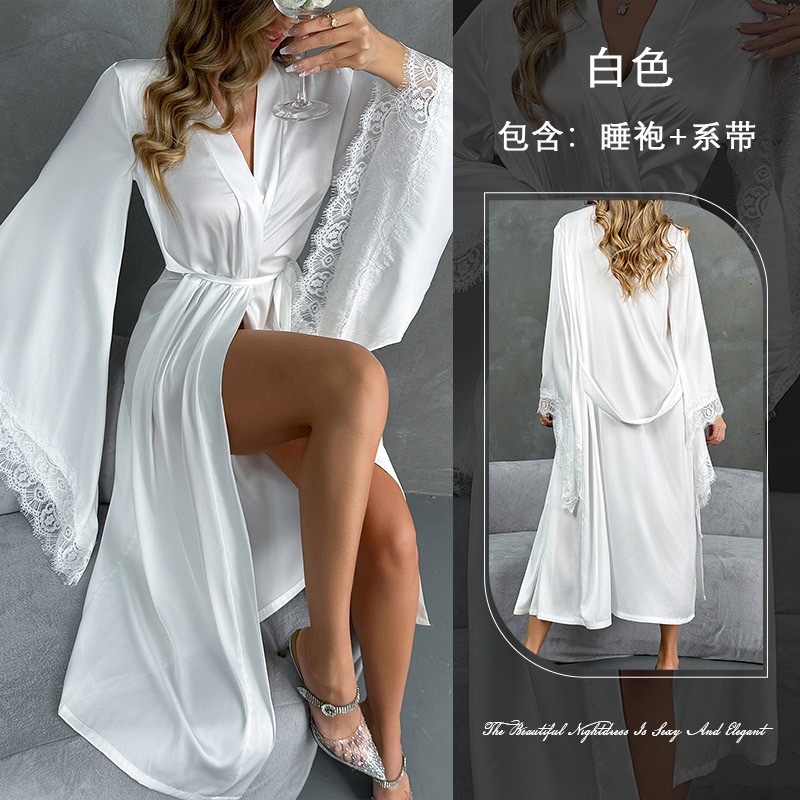 European and American cross-border luxury satin lace flared sleeve bathrobe for women, long V-neck tie slit home bathrobe 706 undefined