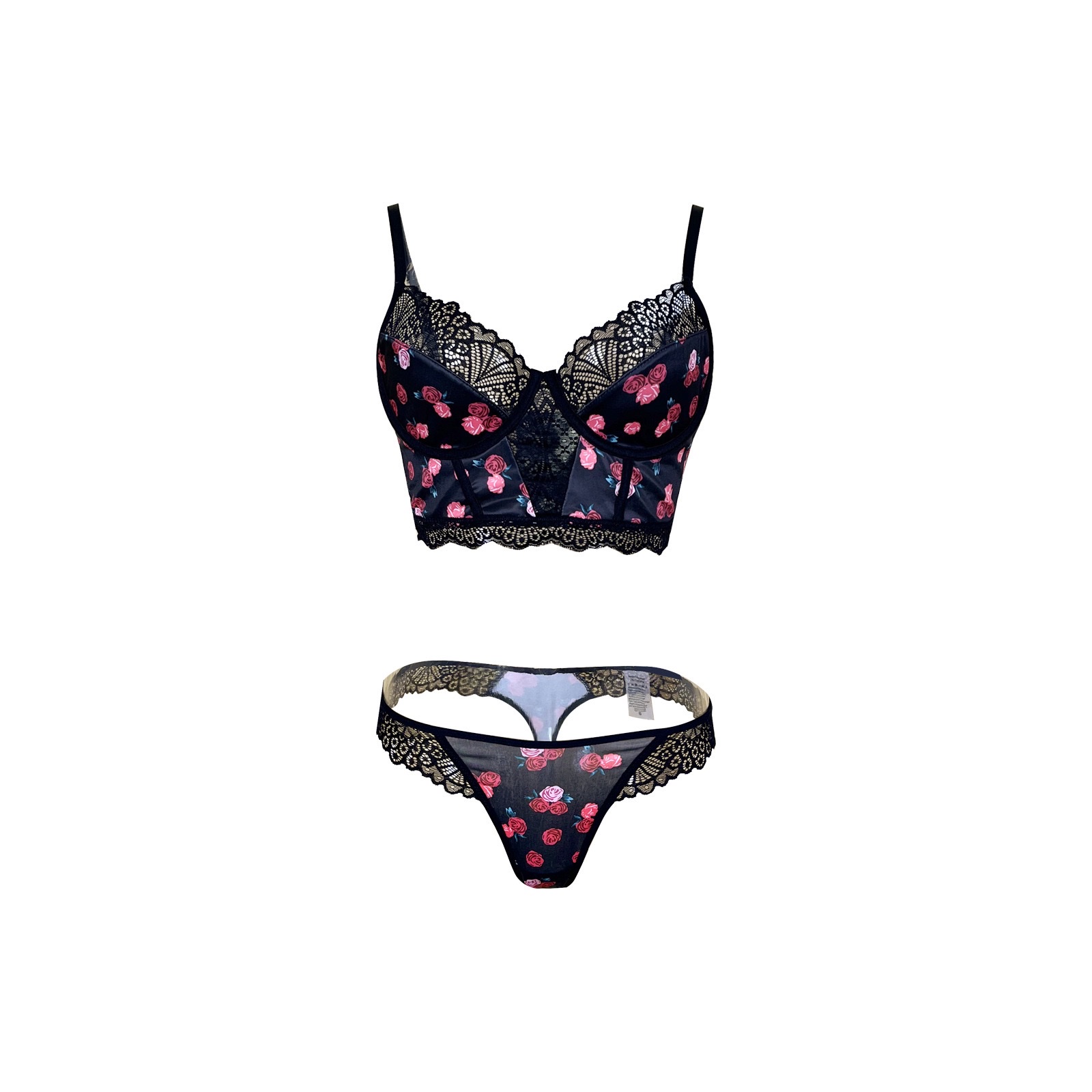 Memory soft steel rims, rose print lace lingerie set, gathering waist bra, thong, sexy 8079 Item Picture