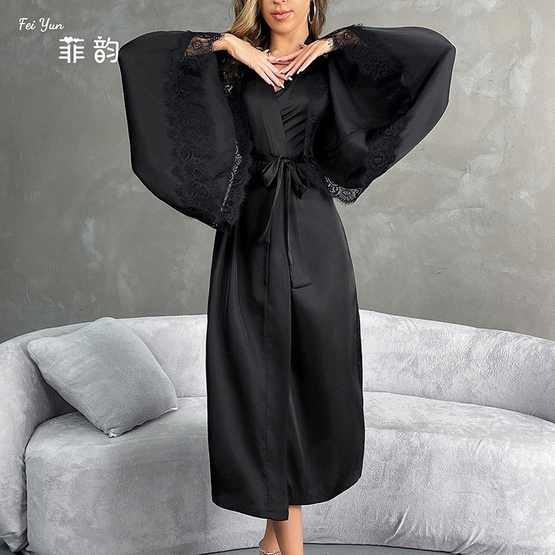 European and American cross-border luxury satin lace flared sleeve bathrobe for women, long V-neck tie slit home bathrobe 706 full figure