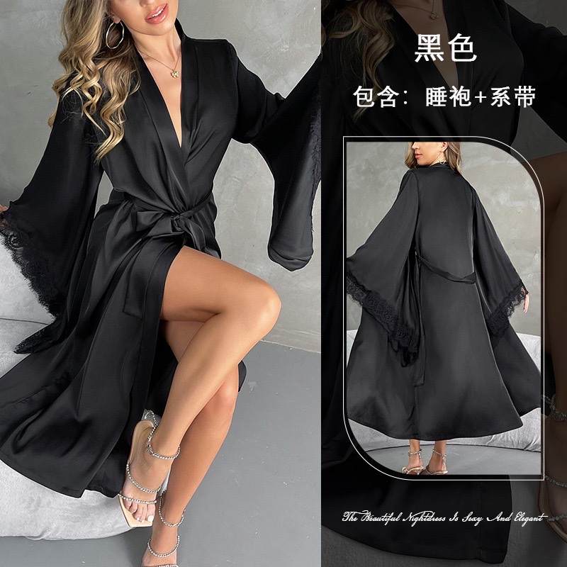 European and American cross-border luxury satin lace flared sleeve bathrobe for women, long V-neck tie slit home bathrobe 706 undefined