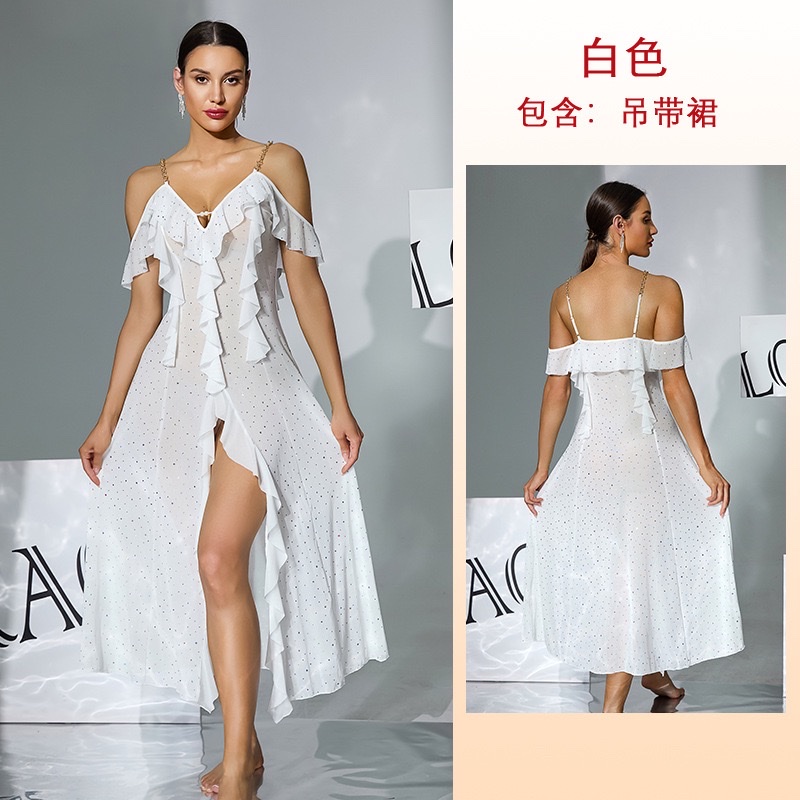 Ladies' sexy chain shoulder strap off-the-shoulder sleeping dress, sheer, sequined, ruffled, slit, long style 1166 undefined
