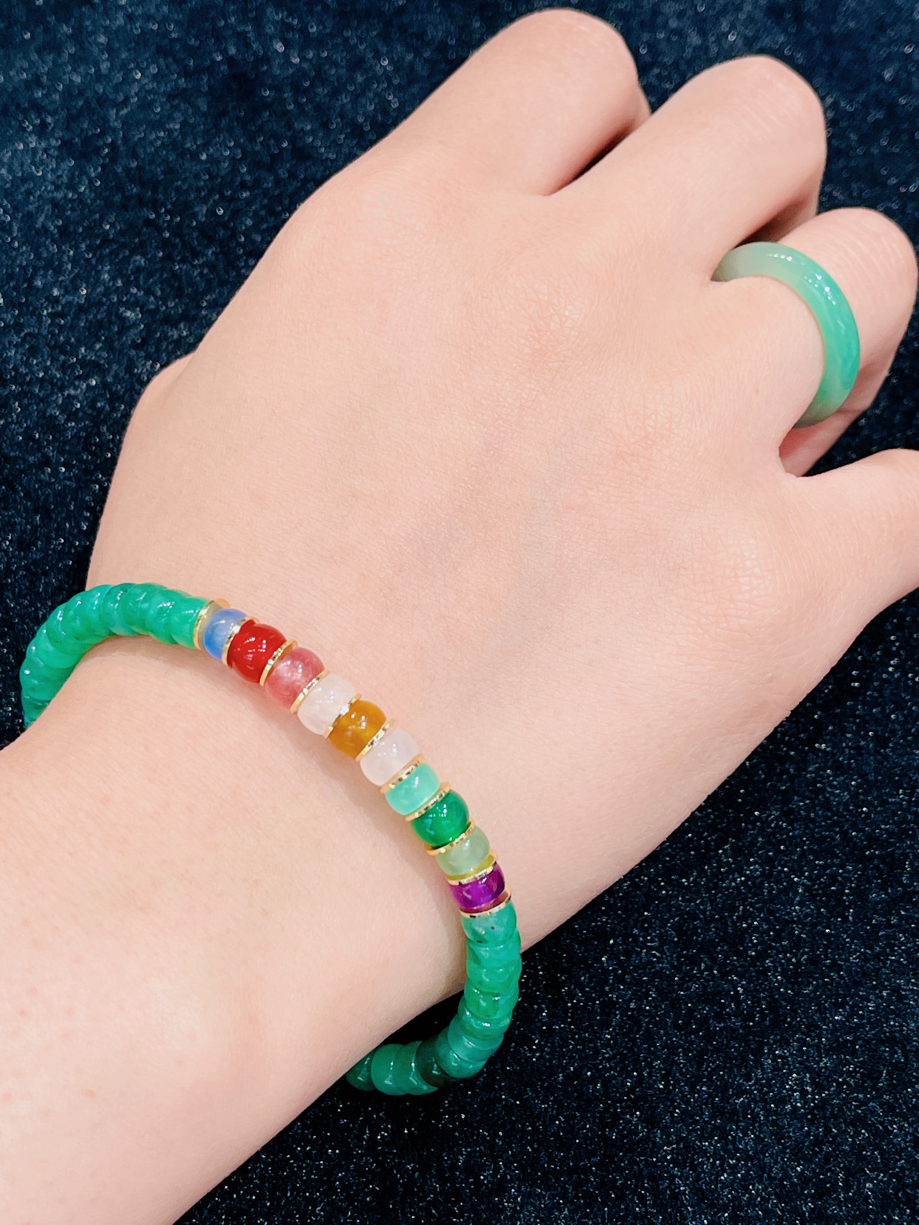 Ice Floating Green African Jade Coiled Bracelet, Multi-treasure colored Gemstone Interlaced gold Natural bracelet Specification image