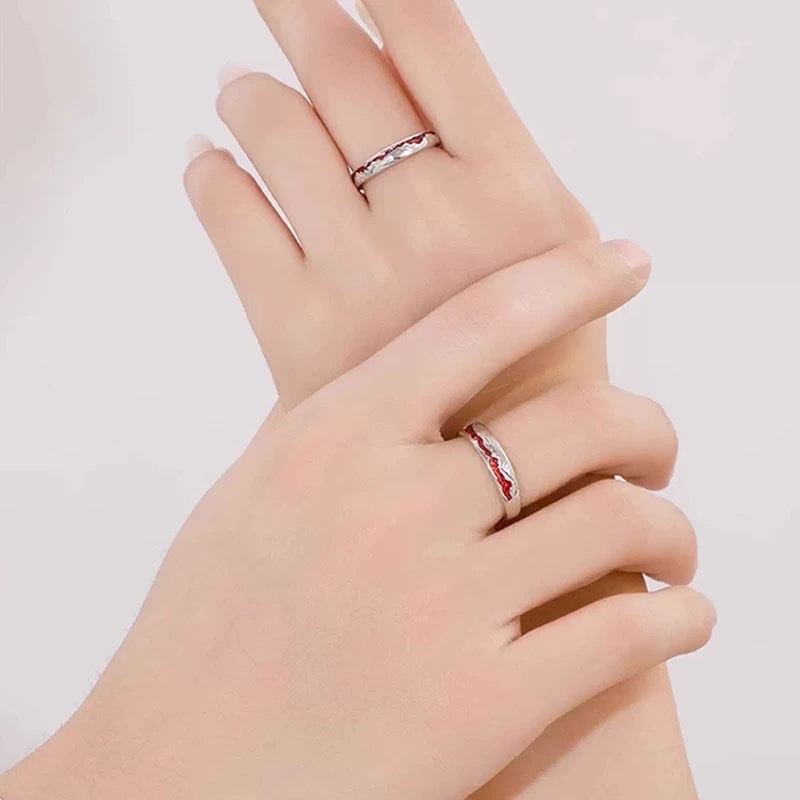 Pure silver couple rings, cold silver white colliding with passionate cinnabar wedding rings detail image 2