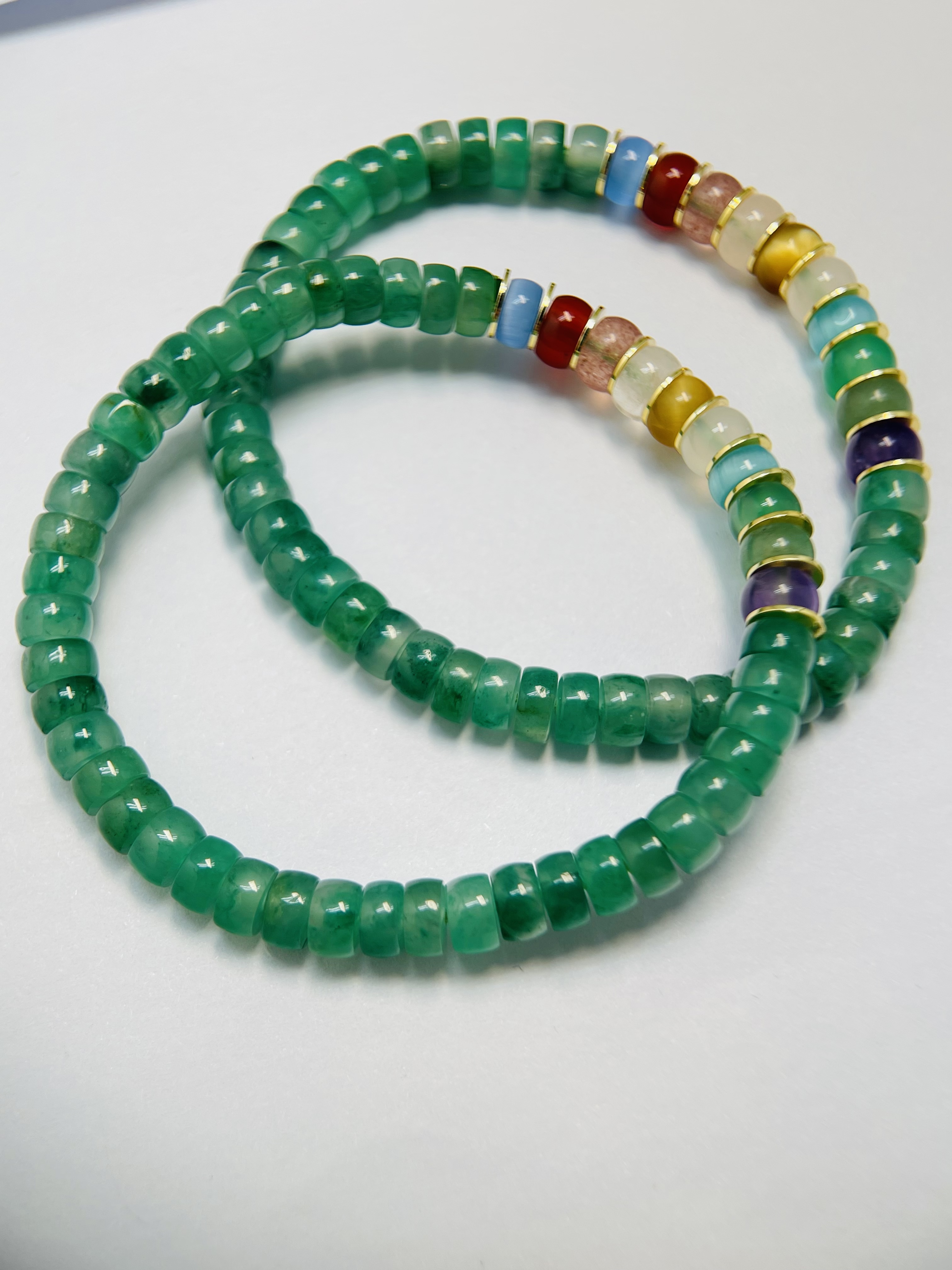 冰飘绿非洲翠盘缠手串 多宝彩宝隔金 天然手串