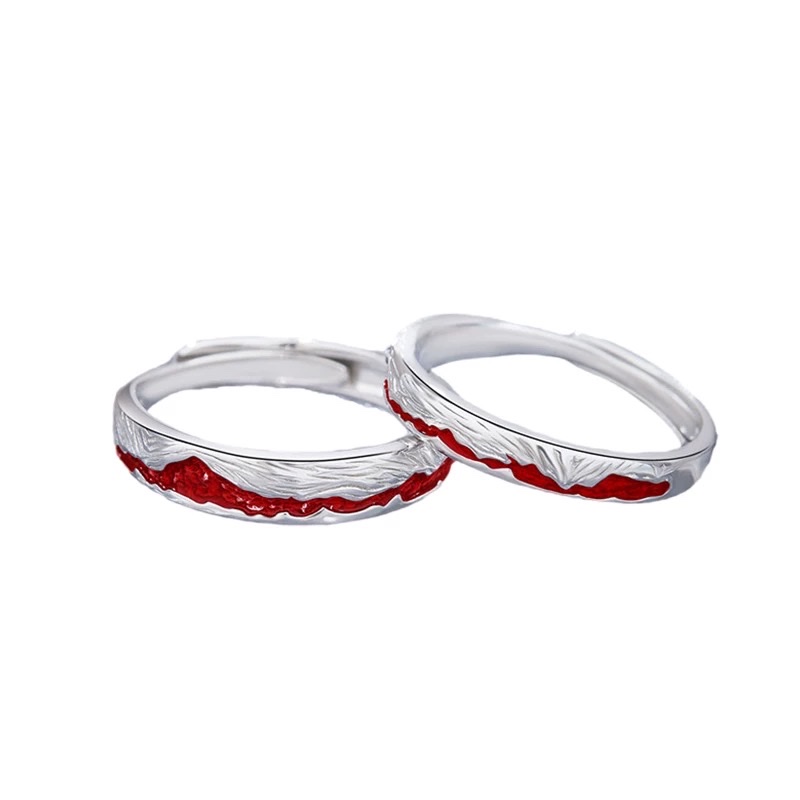 Pure silver couple rings, cold silver white colliding with passionate cinnabar wedding rings detail image 3