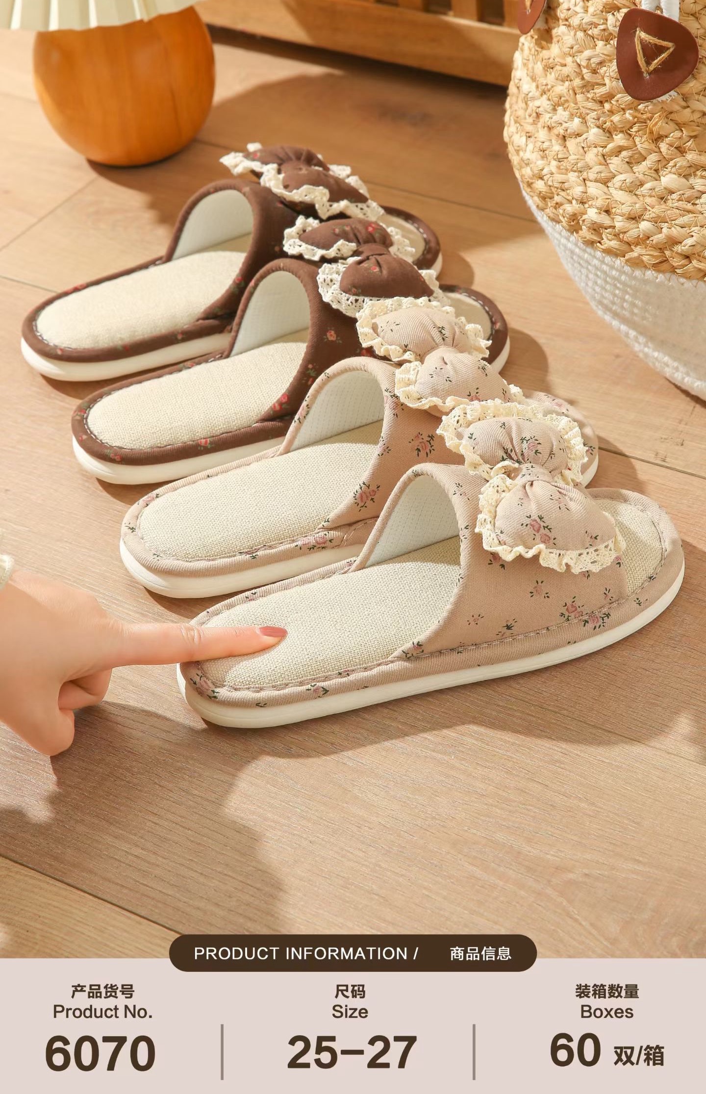 New floral bow fabric slippers for women's summer home use: Soft, breathable, anti-slip, natural, healthy, sweat-absorbing, breathable, silent design. Cotton and linen home shoes, linen slippers for women's summer home use detail image 10