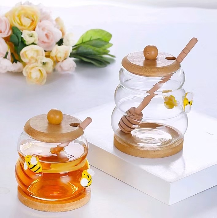 批发玻璃蜂蜜罐带搅拌棒创意透明蜂蜜瓶储物罐带盖简约果酱瓶子白底实物图