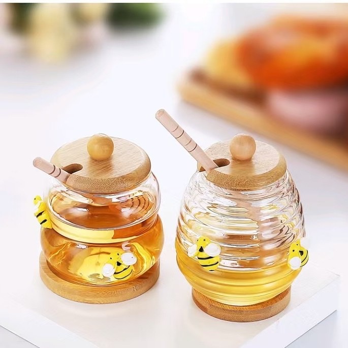 批发玻璃蜂蜜罐带搅拌棒创意透明蜂蜜瓶储物罐带盖简约果酱瓶子产品图