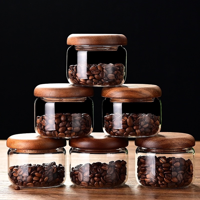 High borosilicate small sugar cup, acacia wood lid, simple transparent mini sealed jar, candy coffee bean kitchen storage box details Picture