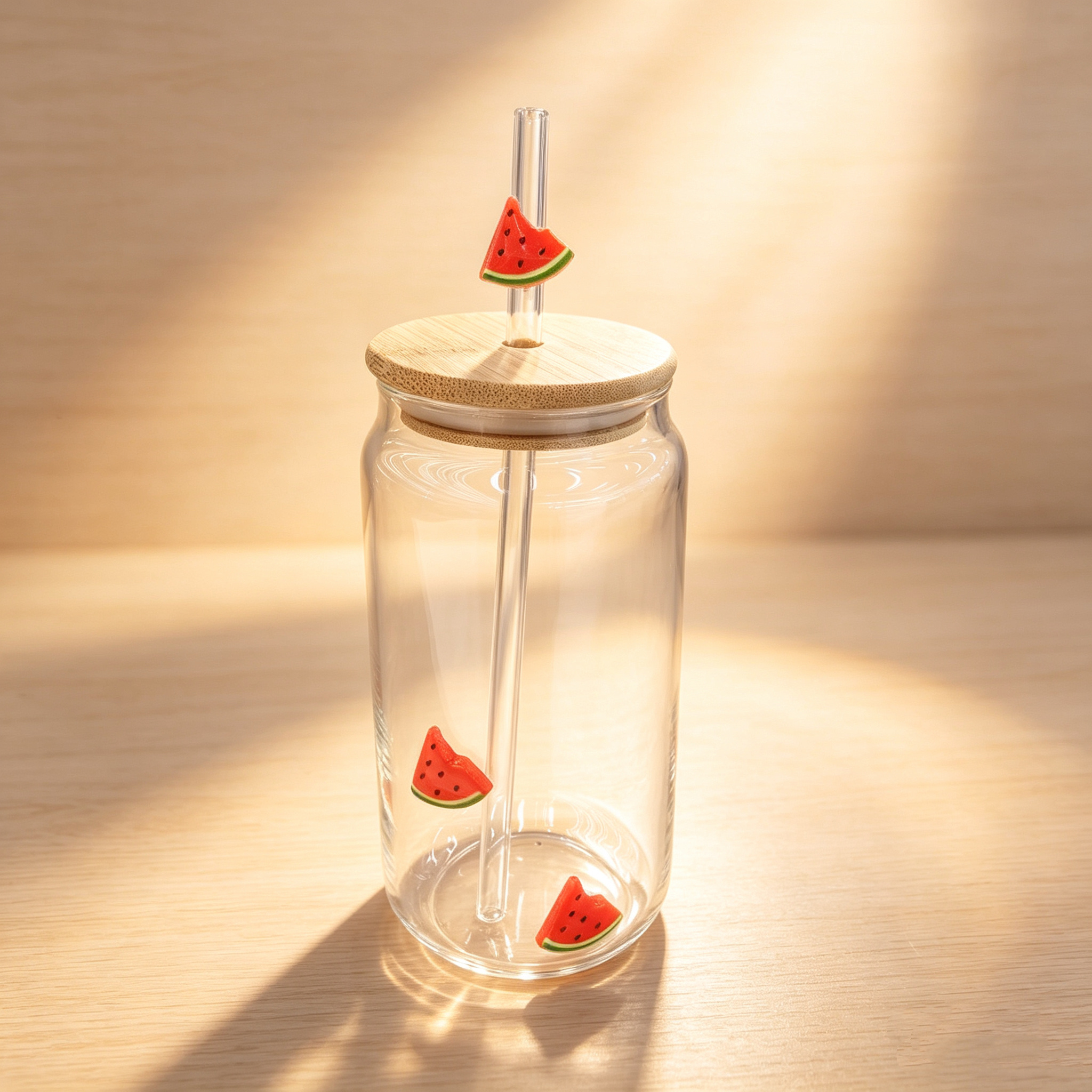 Glass straw, cola cup, bamboo lid, fruit pattern, fruit patch, plastic patch