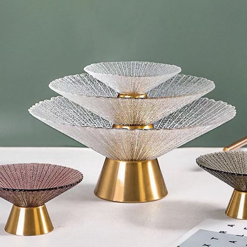 High-end feather tray with copper base color, glass fruit plate, household high-legged candy plate, snack storage and display item
