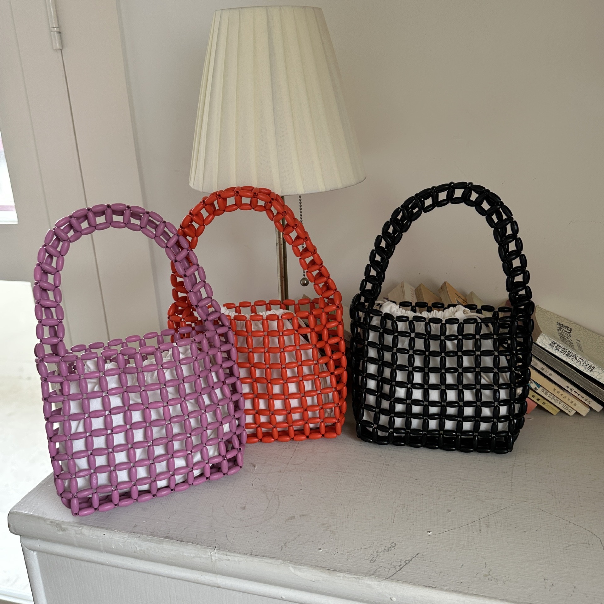 Korean niche handbags, handcrafted hollowed-out beaded small square bags, woven bags, fresh and casual vacation beach bags, trendy