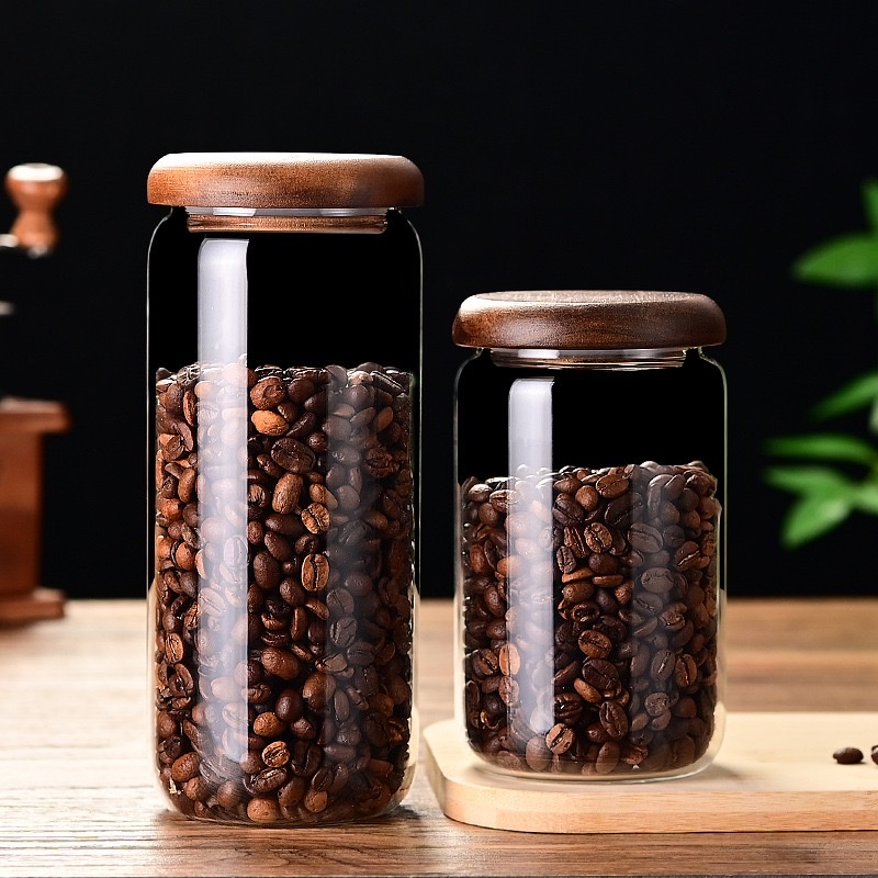 High borosilicate small sugar cup, acacia wood lid, simple transparent mini sealed jar, candy coffee bean kitchen storage box Specification image