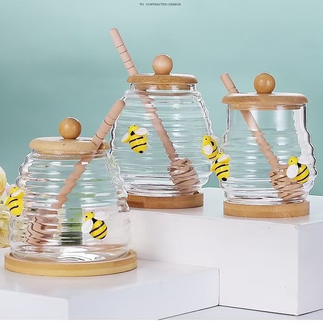 批发玻璃蜂蜜罐带搅拌棒创意透明蜂蜜瓶储物罐带盖简约果酱瓶子