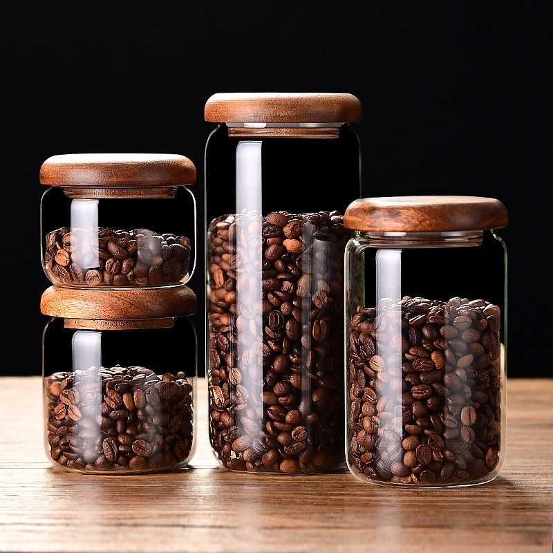 High borosilicate small sugar cup, acacia wood lid, simple transparent mini sealed jar, candy coffee bean kitchen storage box Item Picture