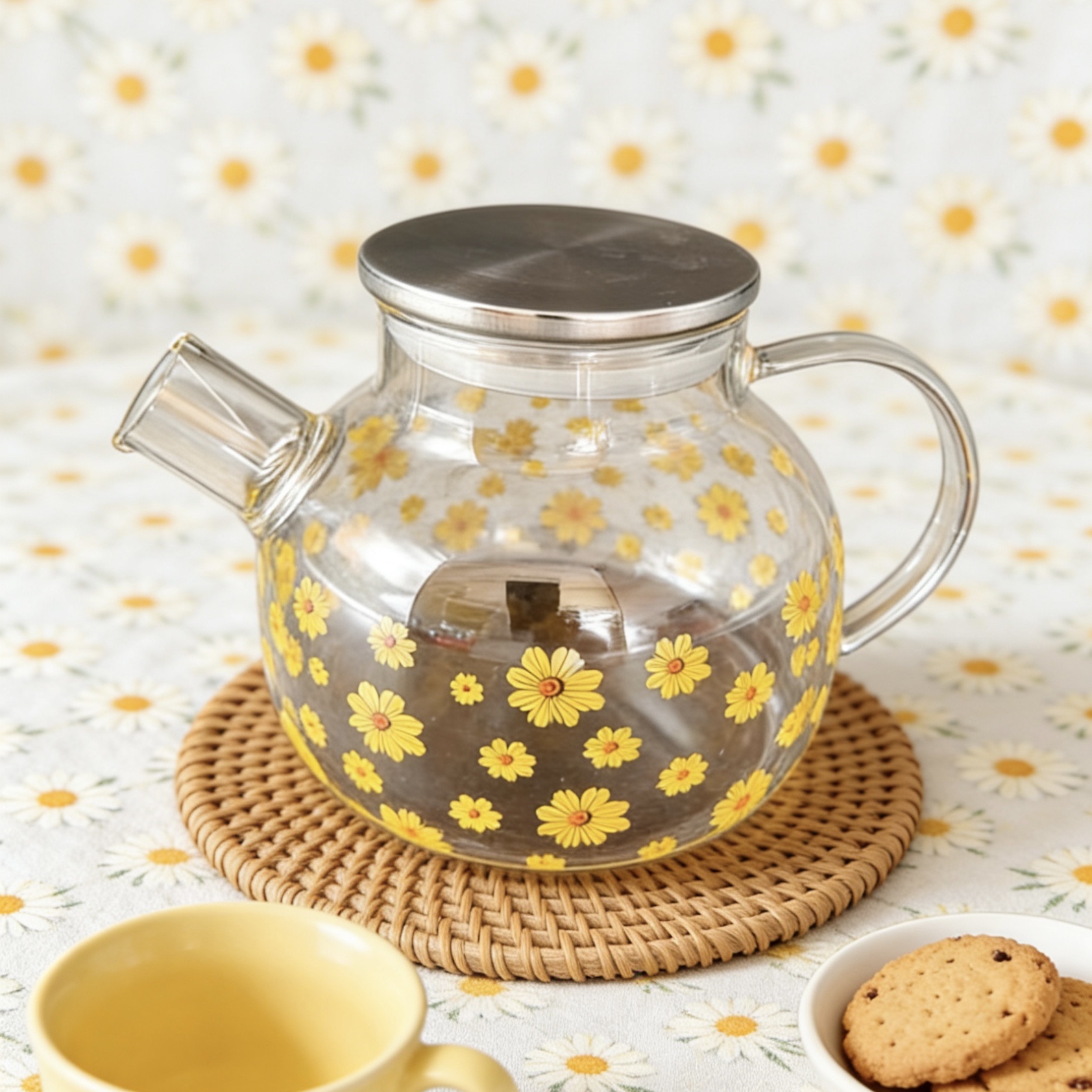 High borosilicate glass printed teapot, high-temperature resistant electric ceramic stove heating decal cup, tea and water separation flower teapot Application Scenario