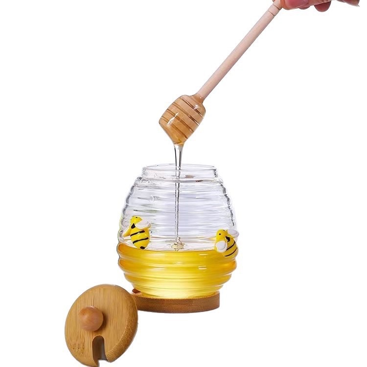 批发玻璃蜂蜜罐带搅拌棒创意透明蜂蜜瓶储物罐带盖简约果酱瓶子细节图