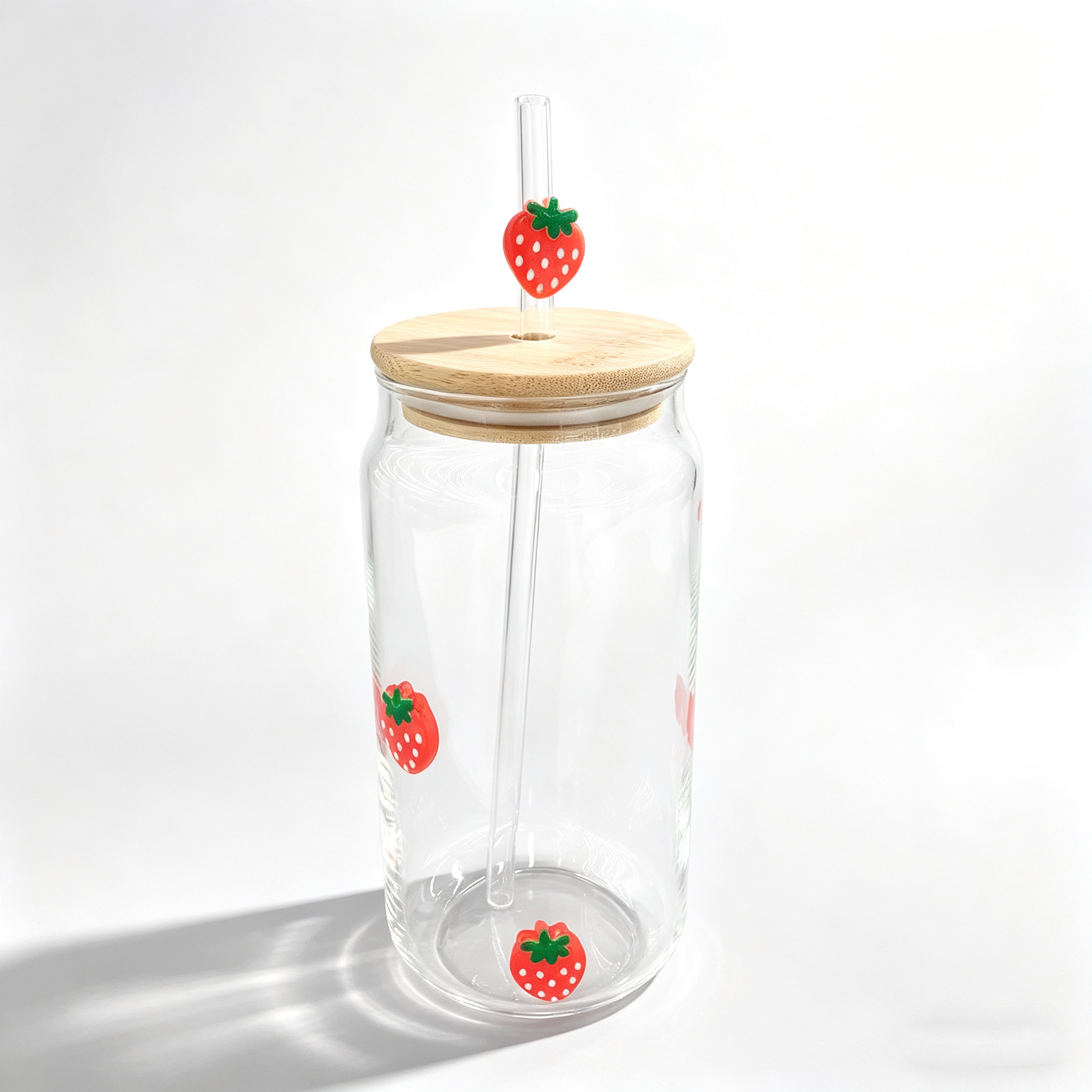 Glass straw, cola cup, bamboo lid, fruit pattern, fruit patch, plastic patch details Picture
