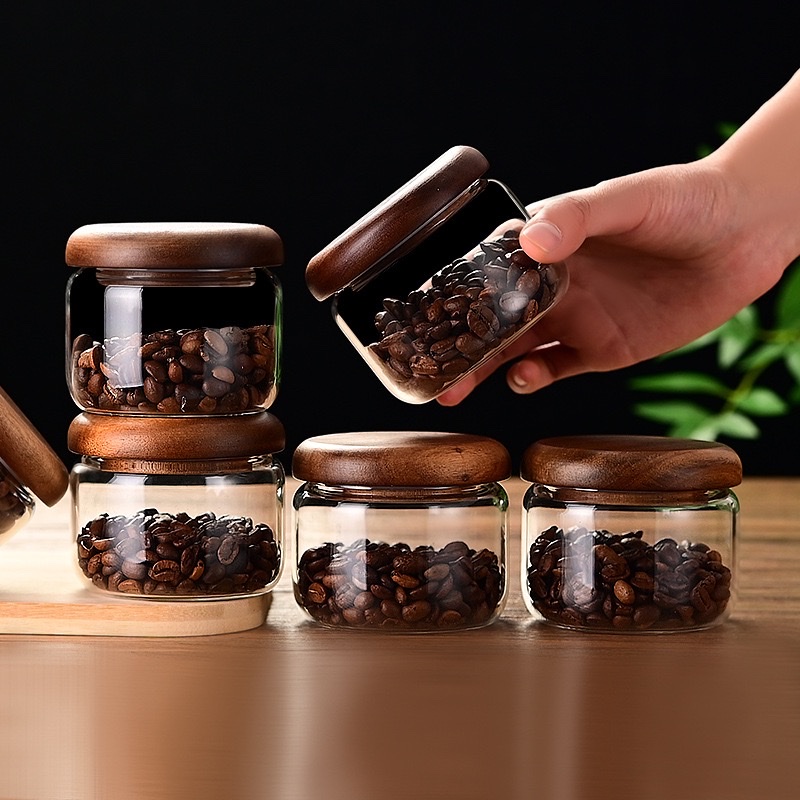 High borosilicate small sugar cup, acacia wood lid, simple transparent mini sealed jar, candy coffee bean kitchen storage box